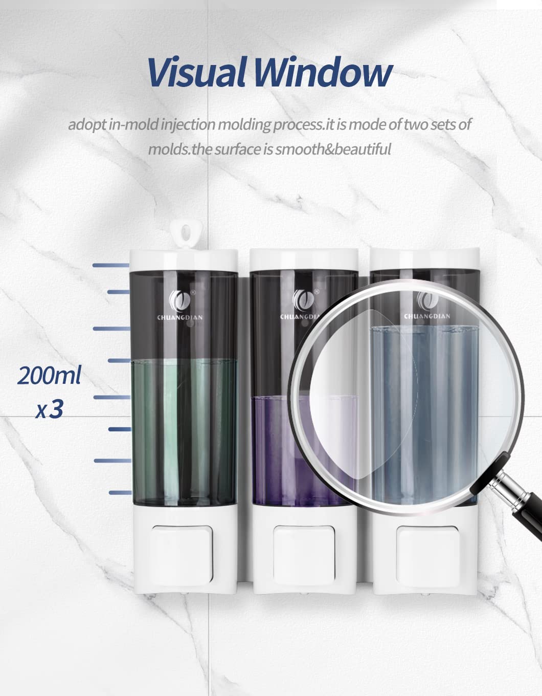 Triple 200ML Soap Dispenser Bathroom Wall Mounted Shower Gel Shampoo and Conditioner Dispenser Kitchen Dish Detergent Container Hand Body Wash Liquid