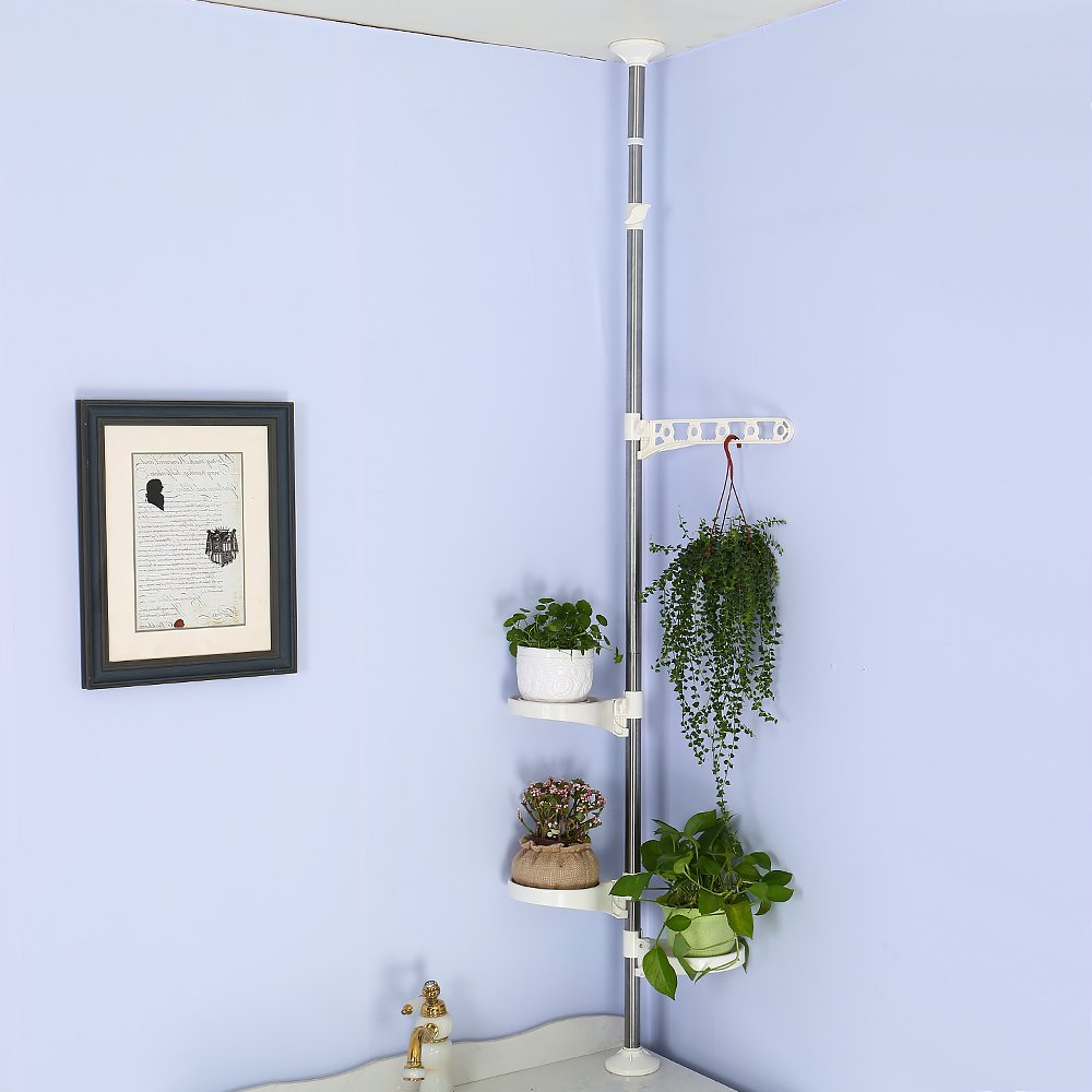 BAOYOUNI Indoor Plant Pole Stand Tension Rod Hanger Window Sill Flower Display Rack Holder Adjustable Corner Vertical Storage Organizer with 3 Trays &