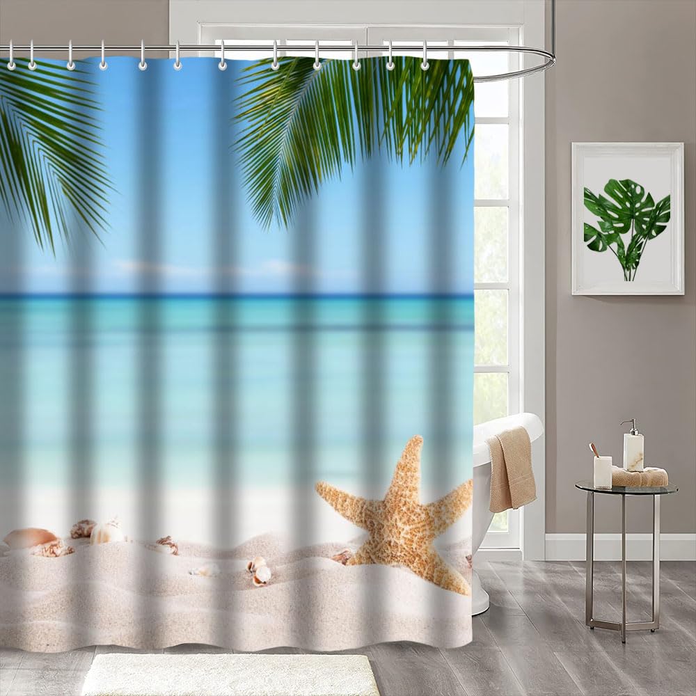 MEHOFOND Summer Beach Shower Curtain Seashell Starfish Sand Palm Leaves Blue Sky Beach Shower Curtain Waterproof Polyester Fabric Shower Curtain Set