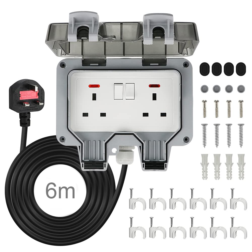 Anesty Outdoor Socket with 6m Extension Lead, Outdoor Double Plug Sockets Waterproof IP66, Weatherproof Outdoor Plug Sockets, Exterior Wall Garden 2