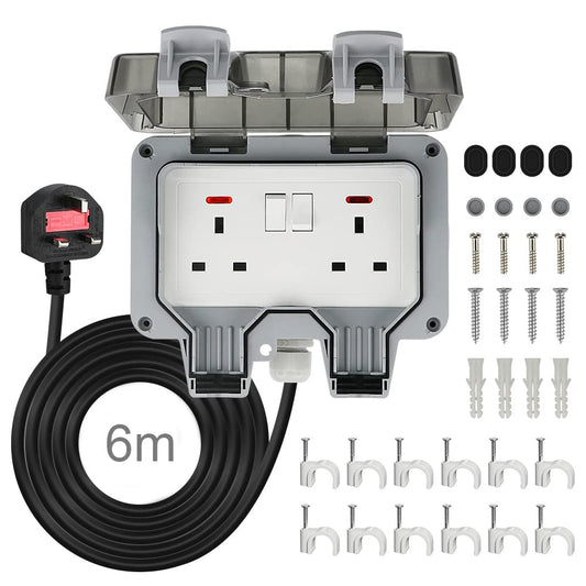 Anesty Outdoor Socket with 6m Extension Lead, Outdoor Double Plug Sockets Waterproof IP66, Weatherproof Outdoor Plug Sockets, Exterior Wall Garden 2