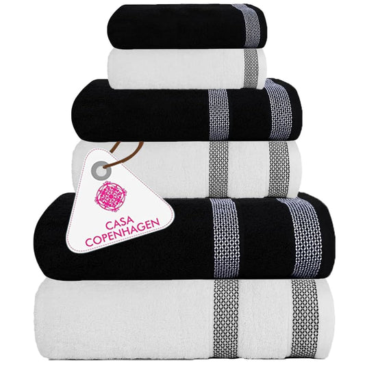 CASA COPENHAGEN Solitaire Mix 6 Piece Towel Set - White + Black,600gsm, 2 Bath Towels, 2 Hand Towels, 2 Washcloths in Soft Egyptian Cotton for