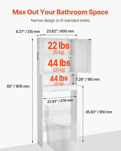 VEVOR Over The Toilet Storage Cabinet, 65 in Height Bathroom Storage Organizer with Double Door and Adjustable Shelf