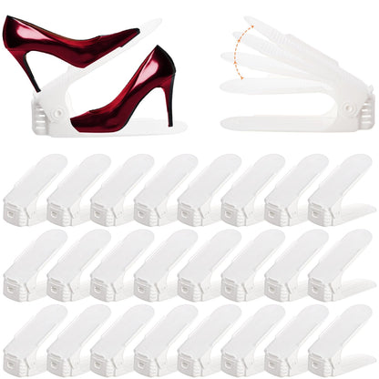Noamus 24 Packs Shoe Slots Organizer, Adjustable 4 Level Shoe Stacker, Double Layer Stack Shoe Holder, White Plastic Shoes Space Saver