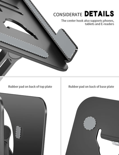 Tobeoneer Aluminum Adjustable Laptop Stand for Desk,Foldable, 10-16",Black