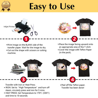 TransOurDream Tru-Transfer Paper -100 Sheets A4 Inkjet Iron On Transfer Paper Heat Transfer Vinyl for Dark T Shirts Fabrics.NO Peeling!NO