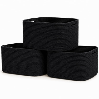OrganiHaus Pack of 3 Black Bathroom Storage Baskets, Woven Basket for Storage, Toilet Roll Basket, Cotton Rope Basket for Towel Storage