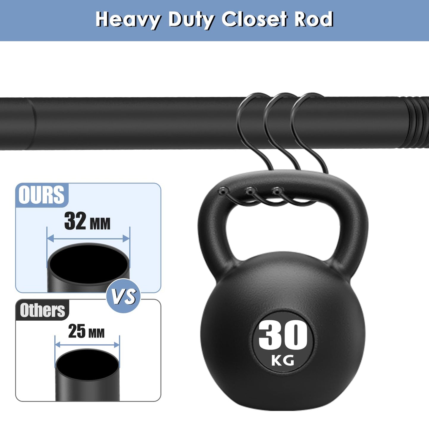 Wardrobe Rail, Black Extendable Wardrobe Rod 74-130cm, Heavy Duty Clothes Rail with End Sockets, Adjustable Hanging Rails for Clothes, Wardrobe