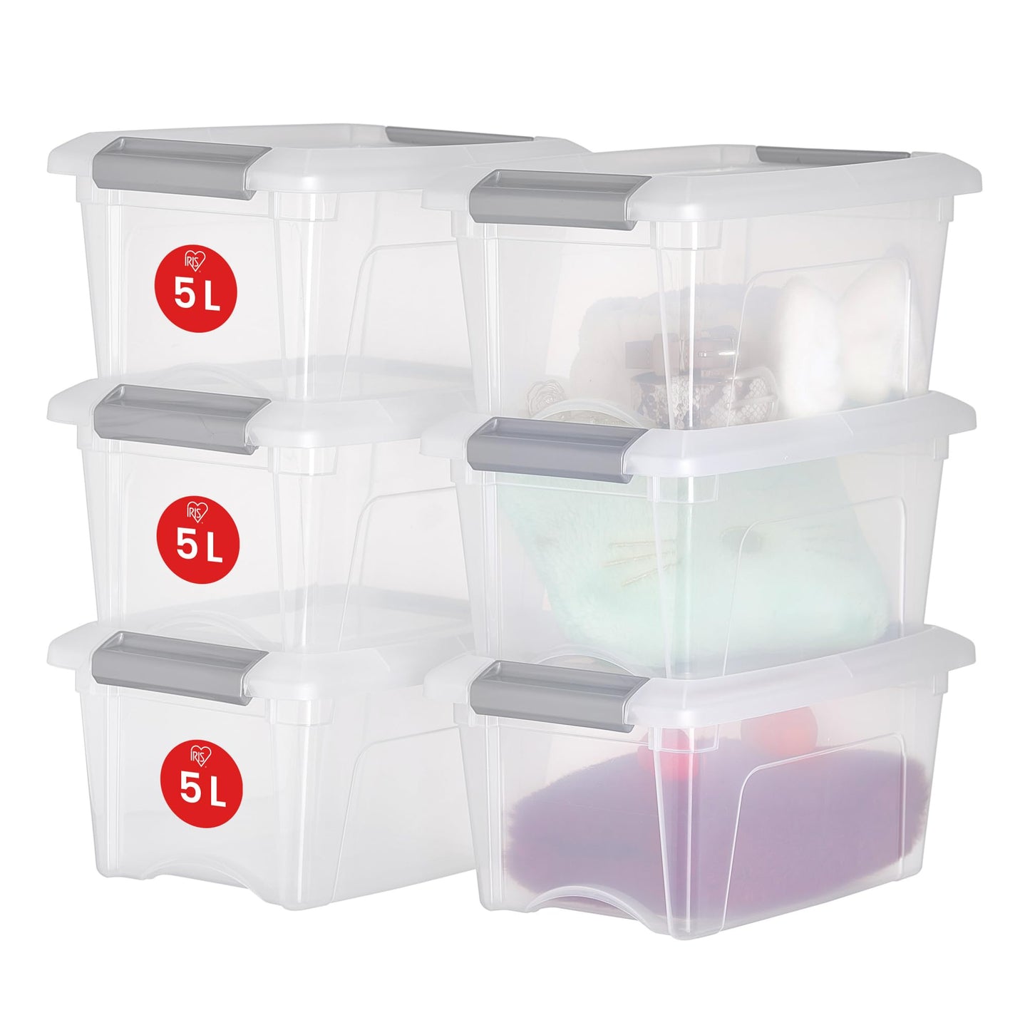 Iris Ohyama Storage Boxes with Lids, 5L, Set of 6, Silver, Secure Buckles, Stackable, Pull-Handles, For Bedroom, Closet, Office, Organisation