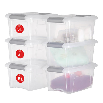 Iris Ohyama Storage Boxes with Lids, 5L, Set of 6, Silver, Secure Buckles, Stackable, Pull-Handles, For Bedroom, Closet, Office, Organisation