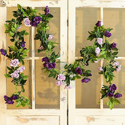 Veryhome 3PCS 7.9FT Artificial Purple Rose Flower Garland, Silk Hanging Floral Garland, Decorative Flower Vines for Room Decor Wedding Flowers Arches for Ceremony (Purple)