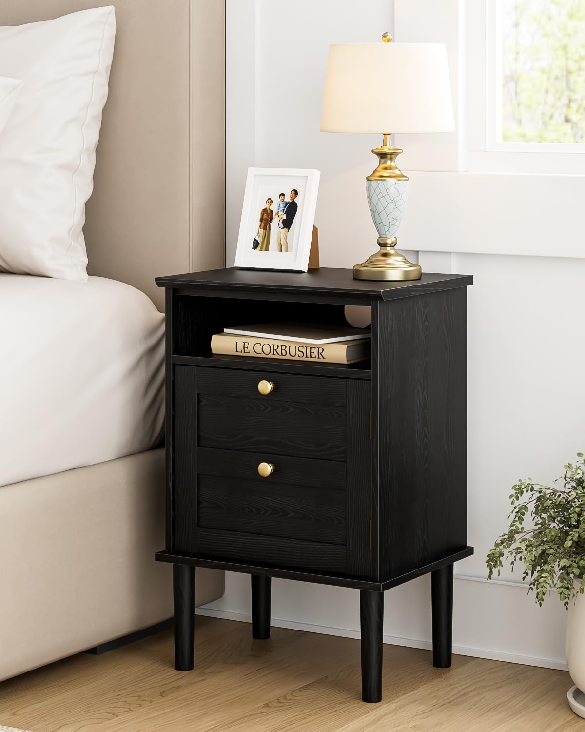 HEYZOEY Wooden Bedside Cabinet with Door & Open Top Shelf ? Side Table for Bedroom & Living Room,Fits Small Space (Black 15.35?x 11.42?x23.5?)