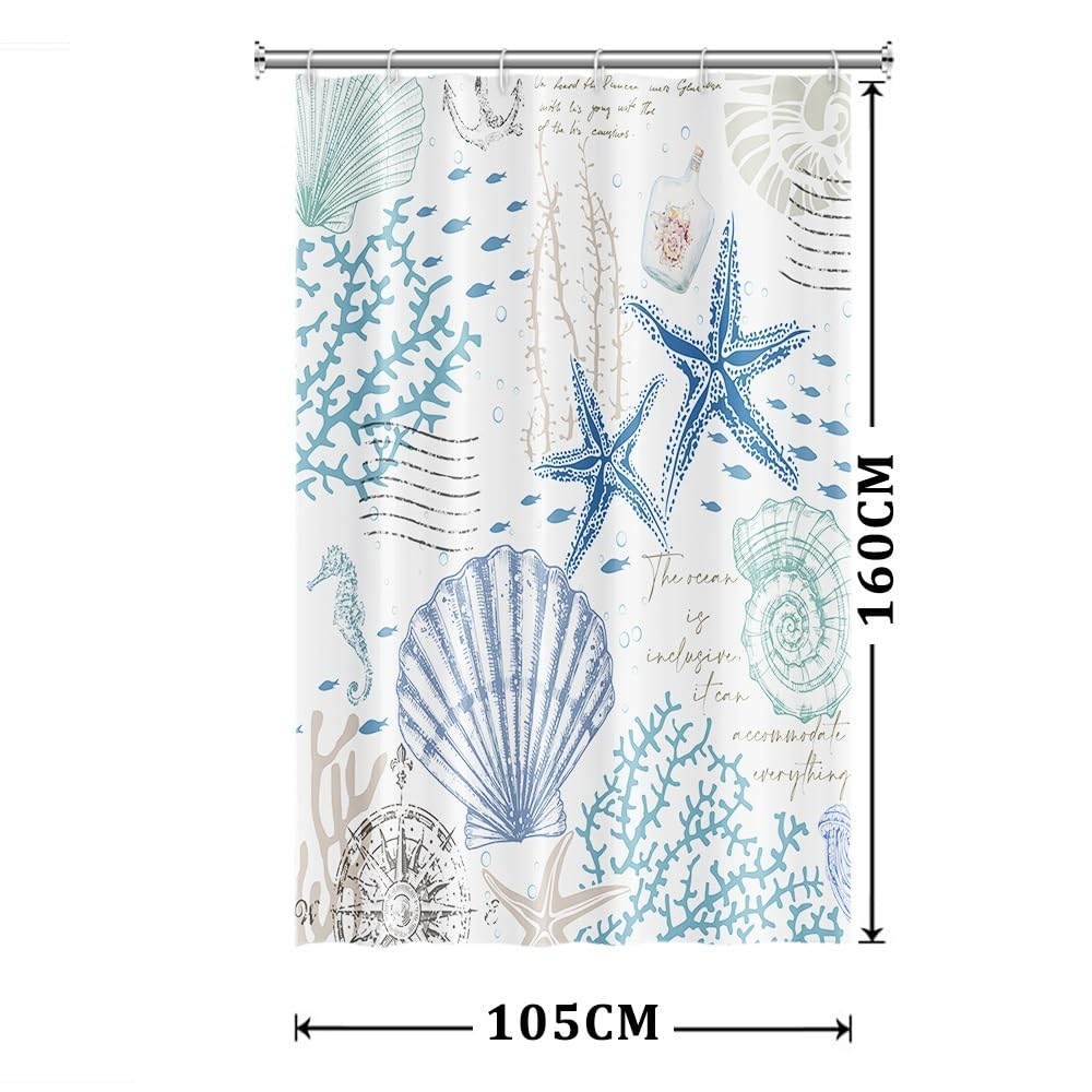 Xiaoterna Summer Marine Life White Shower Curtain Retro Nautical Coast Starfish Shell Coral Seahorse Waterproof Polyester Bathroom Curtain Underwater