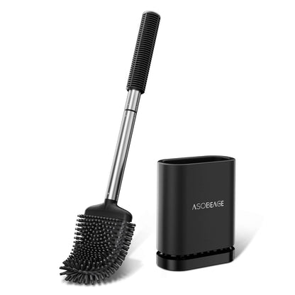 ASOBEAGE Silicone Toilet Brush: Flexible Head, Stainless Steel Handle, Wall-mounted, Quick-drying Holder for Bathroom Clean (Black)