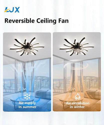 LJX Ceiling Fans with Lights and Remote Control Silent DC Modern Ceiling Fans with Lamps Timer Dimmable Reversible for Bedroom Lounge Kitchen