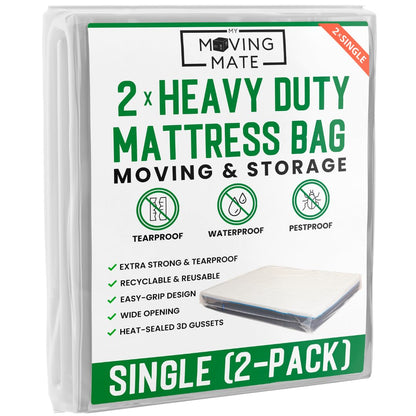 Single Mattress Bag for Moving and Storage - 2-Pack - Mattress Cover for Moving and Storage - 5 Mil Mattress Protector Storage Bags - Heavy Duty