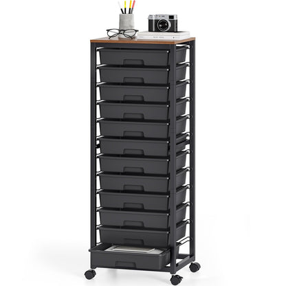 SYKIARIOL 12-Drawer Storage Trolley Rolling Cart with Wooden Top, Black
