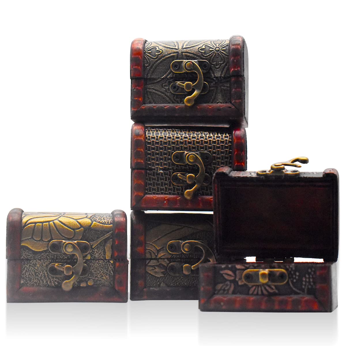 Forreen Treasure Chest Small, 5 Pieces Wooden Chest with Lid Vintage Pirate Antique Design Multifunctional Jewellery Box for Girls Ladies Women Home