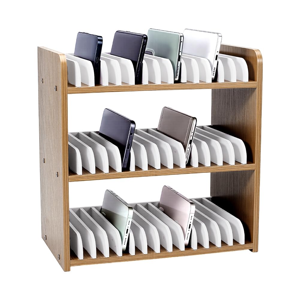 UNICRAFTALE 3 Tier Wooden Phones Storage 45 Grid Classroom Cell Phone Holder Brown Mobile Phone Desktop Organizer Storages Box Adjustable Multiple