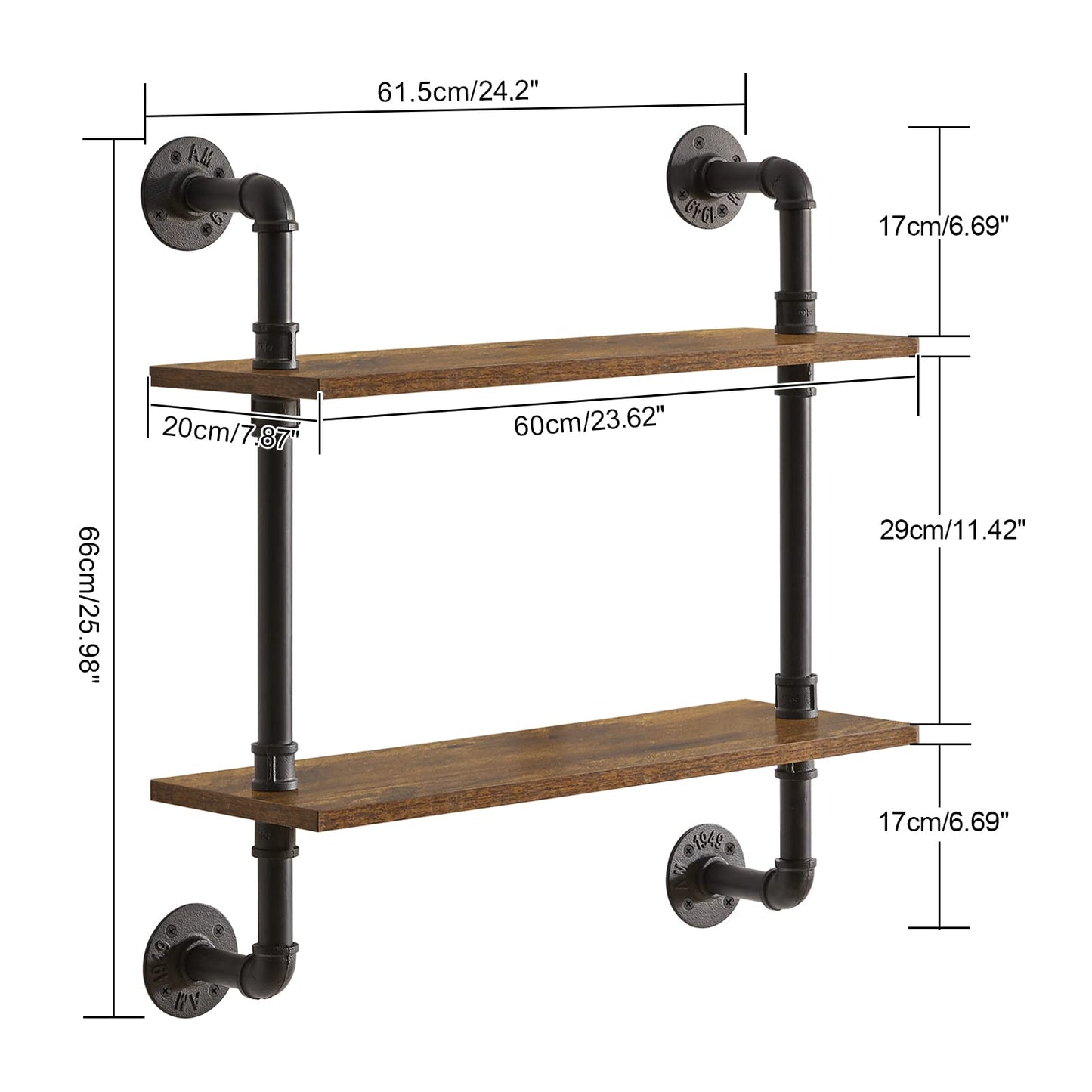 YMYNY 2-Tier Industrial Pipe Wall Mount Shelves, Rustic Storage Shelves, Floating Shelves, Wall Mount Bookshelf, Kitchen Spice Rack, for Bedroom,