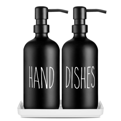 Glass Soap Dispenser Set: Premium 2 Pack Dispenser Bottles with Ceramic Tray 500ML/17oz Farmhouse Soap Lotion Pump Dispensers Refillable Hand Soap