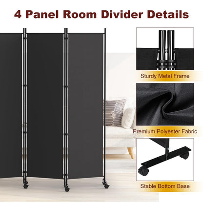 HIDODO 4 Panel Room Divider Folding Privacy Screen, Freestanding Room Partition with Lockable Wheels, Portable Wall Divider for Room Separation