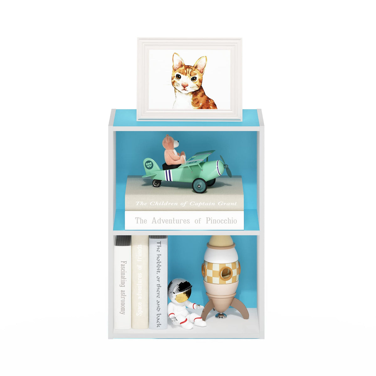 Furinno LUDER Book Shelf, 2-Tier Modern Bookshelf, Open Shelves Bookcase 9 x 16 x 21, for Living Room, Bedroom, Home Office, Light Blue/White
