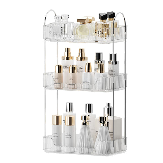 Bathroom Organiser Countertop, Skincare Makeup Organiser, Bathroom Vanity Shelf for Cosmetics, Toiletries, Lotions, Perfumes (3 Tiers, Clear)