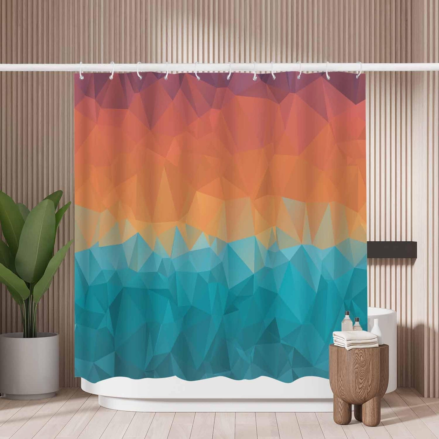 Woutay Shower Curtain Water Repellant Fabric Blue Orange Geometric Pattern,Mould Proof Resistant,Polyester,with 12 Plastic Hooks