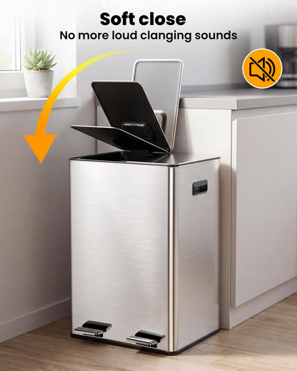 Kitchen Bin, 40L Double Bin, Tall Slim 2 x 20L Stainless Steel Pedal Bin, Dual Bin Rubbish Recycling with Soft-Close Lids and Plastic Inner Buckets
