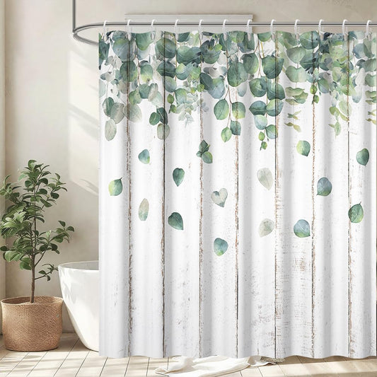 Uiiooazy Green Eucalyptus Shower Curtain, Rustic Leaves Shower Curtain Wooden Board Background Bath Curtain Anti Mildew Waterproof Polyetser Fabric