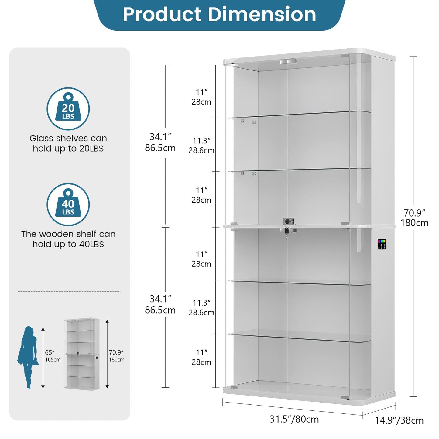 FREDEES Display Cabinet with Glass Doors and RGB Light, 6-Tier, White