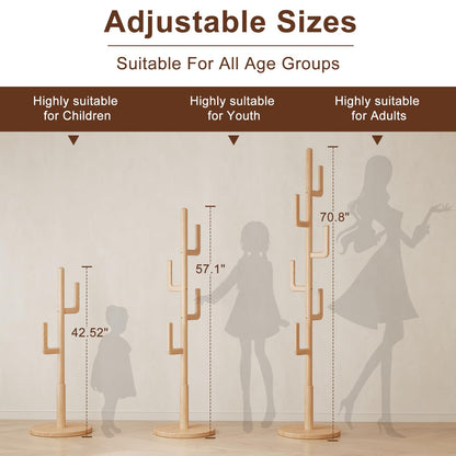 AQIMUELE Coat Stand, Woodem Coat Rack Stand - Cactus Design with 6 Hooks, Sturdy and Easy Assembly for Hallway Entryway, Hat Stand for Clothes
