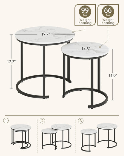 HEYZOEY Round Coffee Tables, Removable Set of 2 End Table, Nesting Table, Side Table with Black Metal Frame Legs and Marble White Top for Living Room