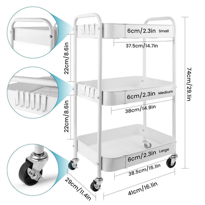 Viuxule Storage Cart, 3 Tier Metal Trolley Cart with Wheels, White Rolling Utility Cart for Kitchen, Bathroom, Office, Bedroom