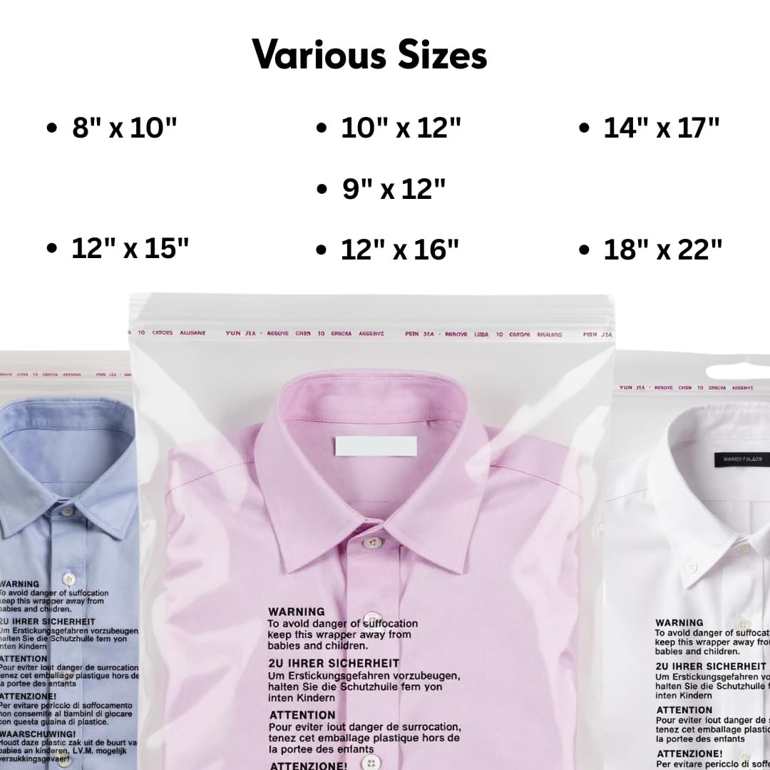 TP4U - 100 Self Seal Garments Bags 10'' x 12'' Clear Plastic Resealable Polypropylene Transparent Safety Warning Clothes Shirt T-Shirt Display