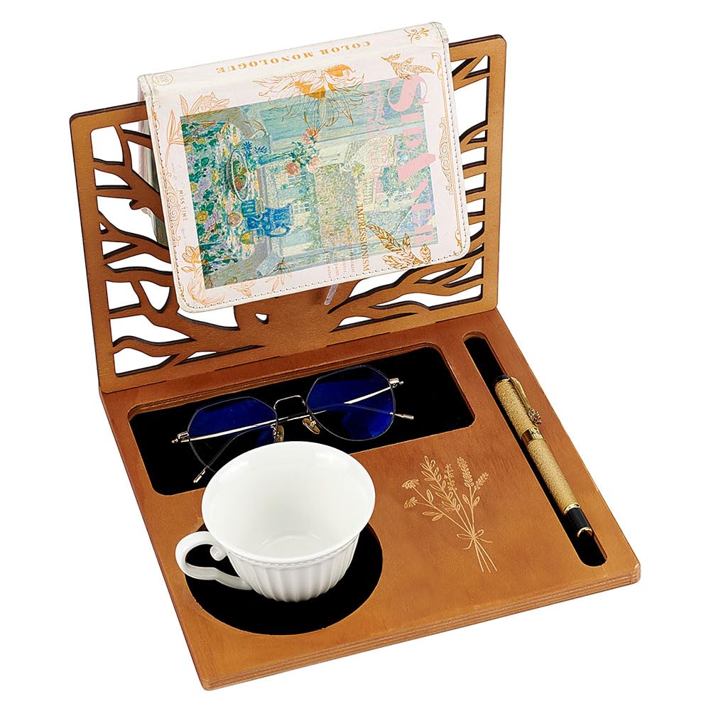 BENECREAT Wood Book Holder Stand, Multifunctional Book Nook Organizer with Cup, Glasses, Pen for Nightstand Desktop Christmas Birthday Gifts