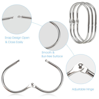 Goowin Shower Curtain Hooks, 12 Pcs Shower Curtain Rings Rust Proof Metal Oval Rings Clasp Closed Shower Curtain Rings for Bathroom Shower Rods