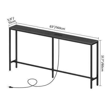 MAHANCRIS Skinny Console Table with Power Outlets, 160 cm Narrow Sofa Table, Behind Couch Table with Charging Station for Plants, Living Room