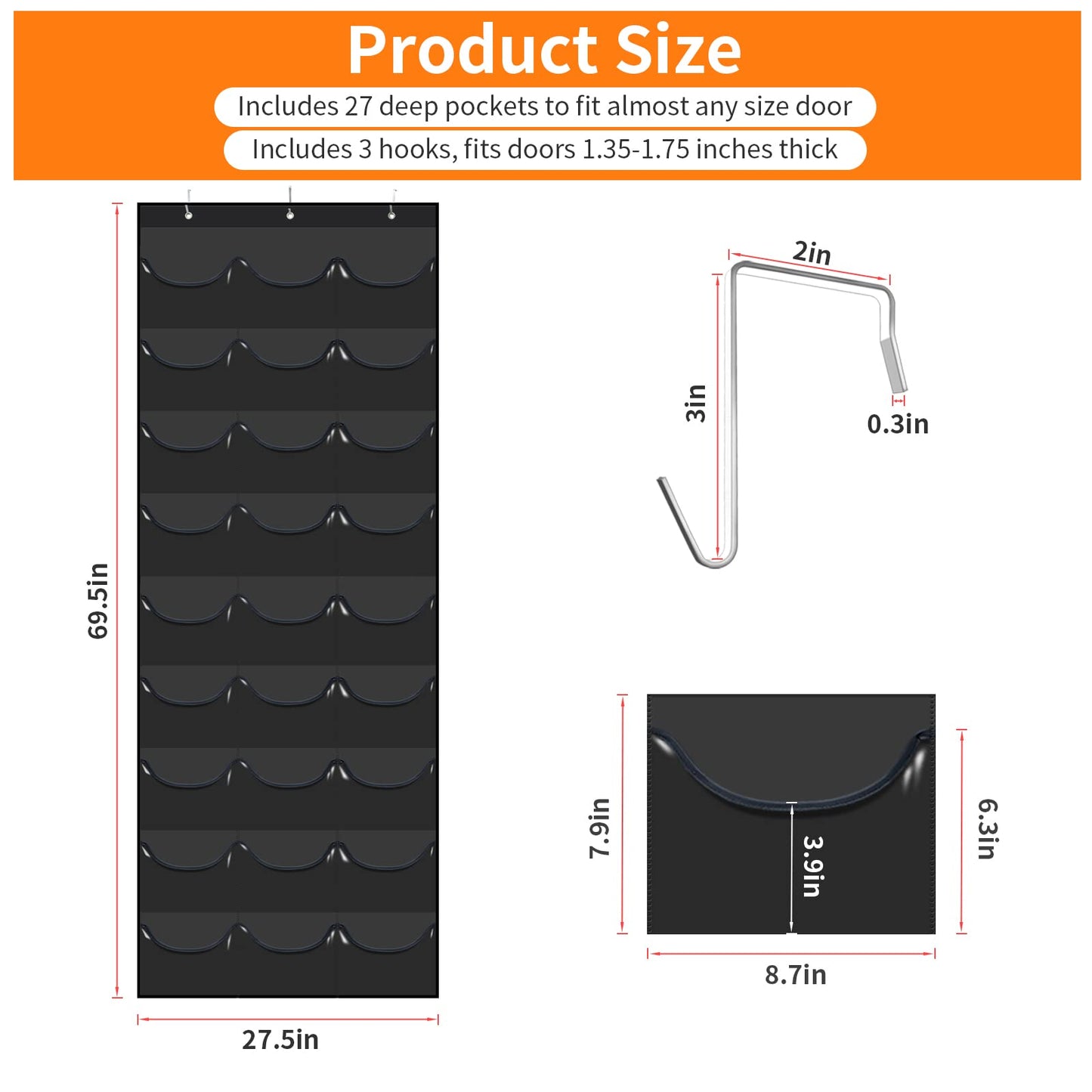 clbutge Baseball Cap Organizer, 27 Pocket Over The Door Hat Rack, Clear PVC Pockets, Fitted Hat Storage, Wall Mount Bag, Hat Holder Hanger