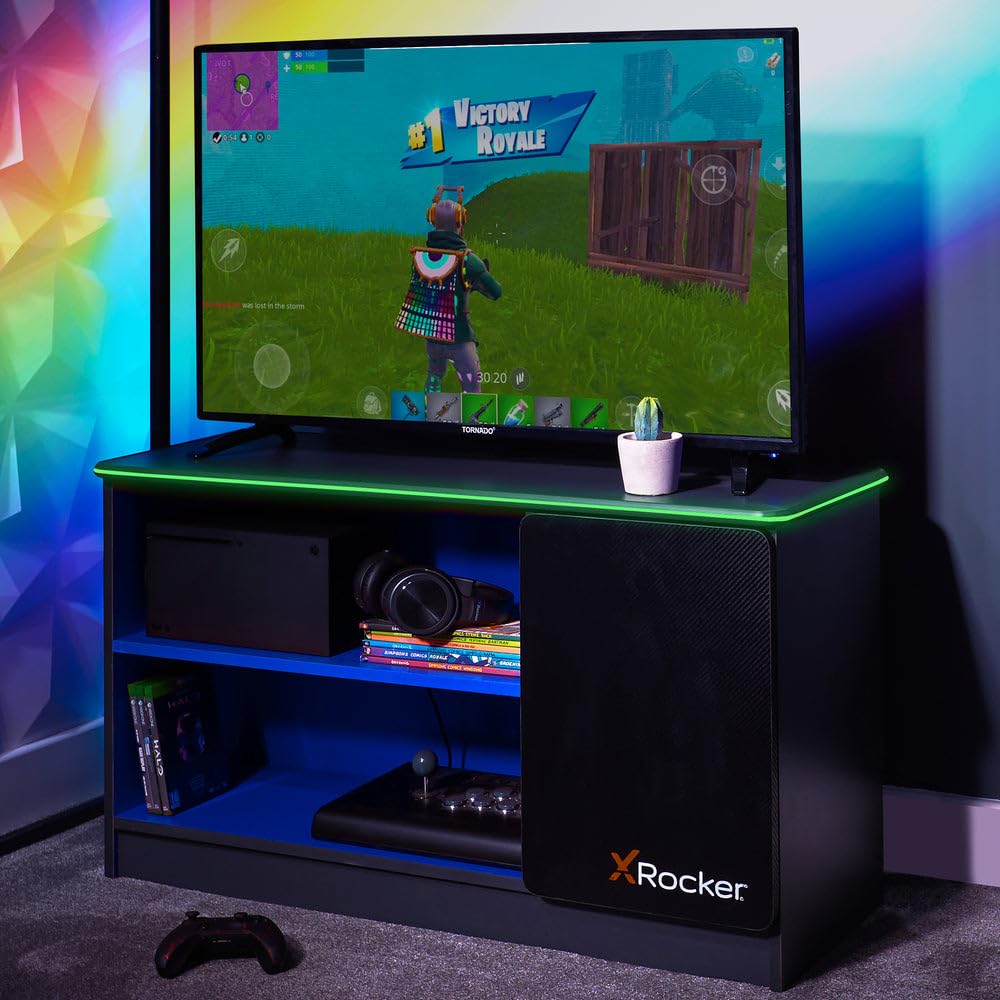 X Rocker Carbon-Tek 100cm Width, RGB LED TV Stand Media Centre - Neo Fibre Lighting, 2 Open Shelves, 2 Shelf Storage Cupboard