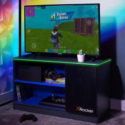 X Rocker Carbon-Tek 100cm Width, RGB LED TV Stand Media Centre - Neo Fibre Lighting, 2 Open Shelves, 2 Shelf Storage Cupboard
