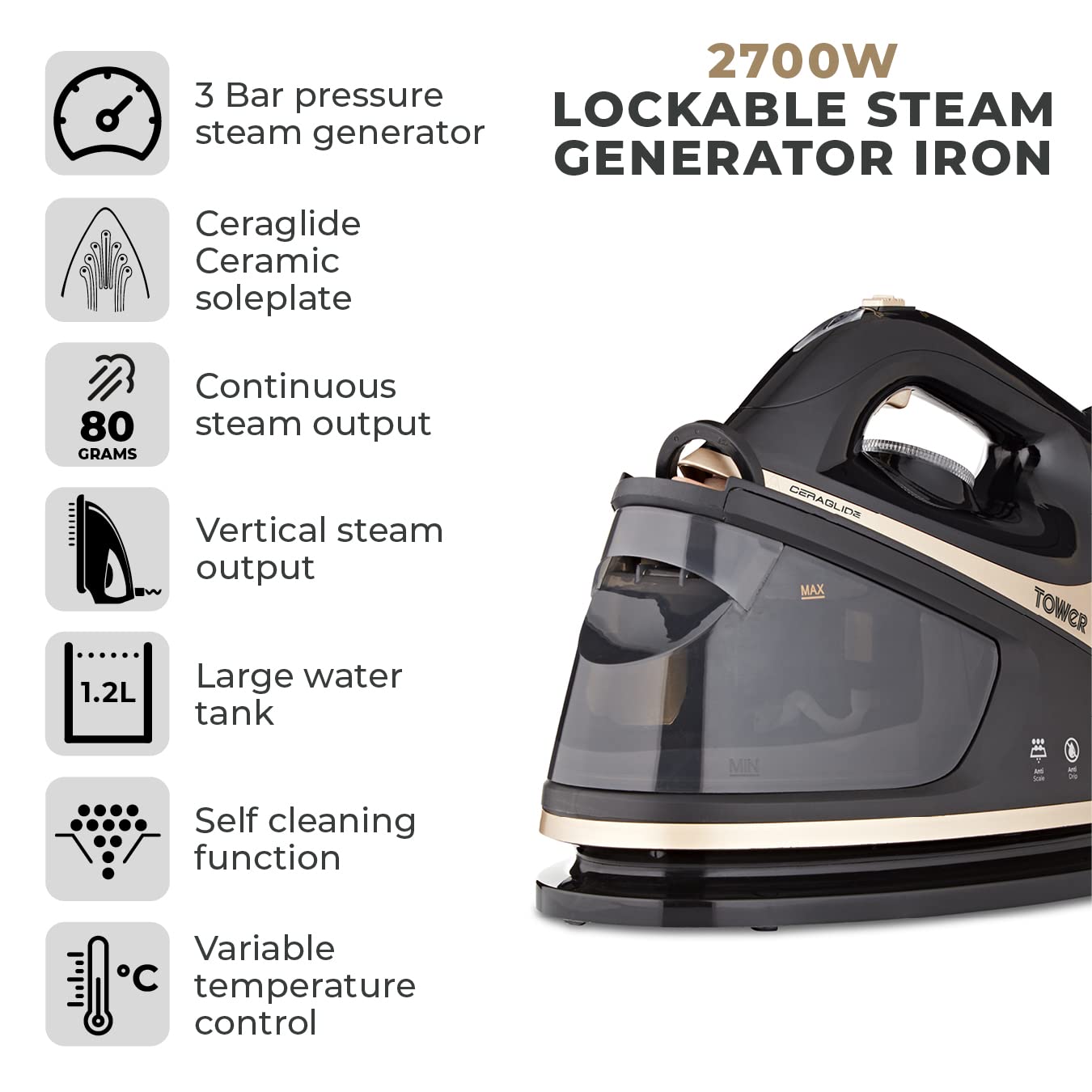 Tower T22023GLD Ceraglide Steam Generator with Steam Shot Button, 3 Temperature Settings, 1.2L, 2700 W, Champagne Gold and Black