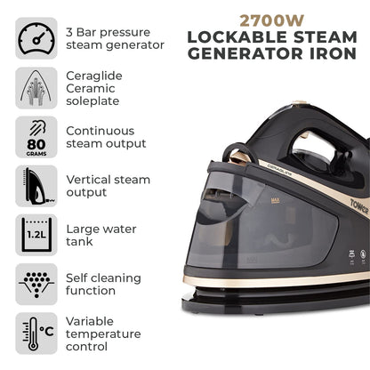 Tower T22023GLD Ceraglide Steam Generator with Steam Shot Button, 3 Temperature Settings, 1.2L, 2700 W, Champagne Gold and Black