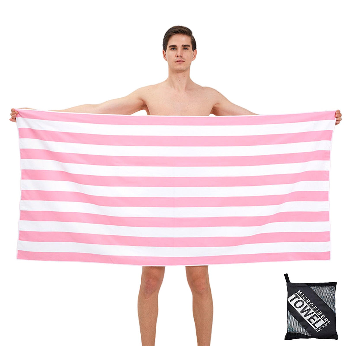 Large Thin Microfibre Beach Towel with Bag for Adult Men Women,160x90cm Pink Stripe Beach Towels Quick Dry Sand Free Lightweight Swim Bath Towel for