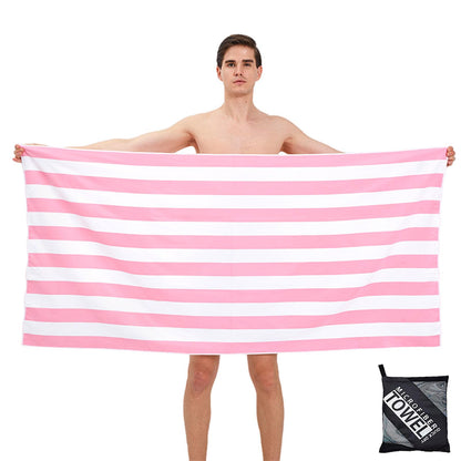 Large Thin Microfibre Beach Towel with Bag for Adult Men Women,160x90cm Pink Stripe Beach Towels Quick Dry Sand Free Lightweight Swim Bath Towel for