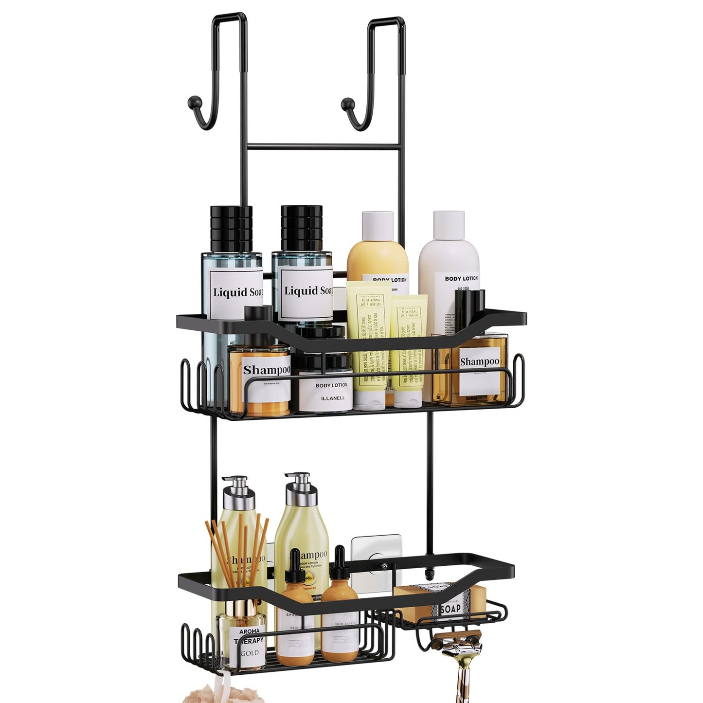 HapiRm Shower Caddy Hanging Black - 2 Tier Over Door Shower Caddy with Soap Holder and Razor Holder, Stainless Steel Bathroom Caddy with 14 Hooks,