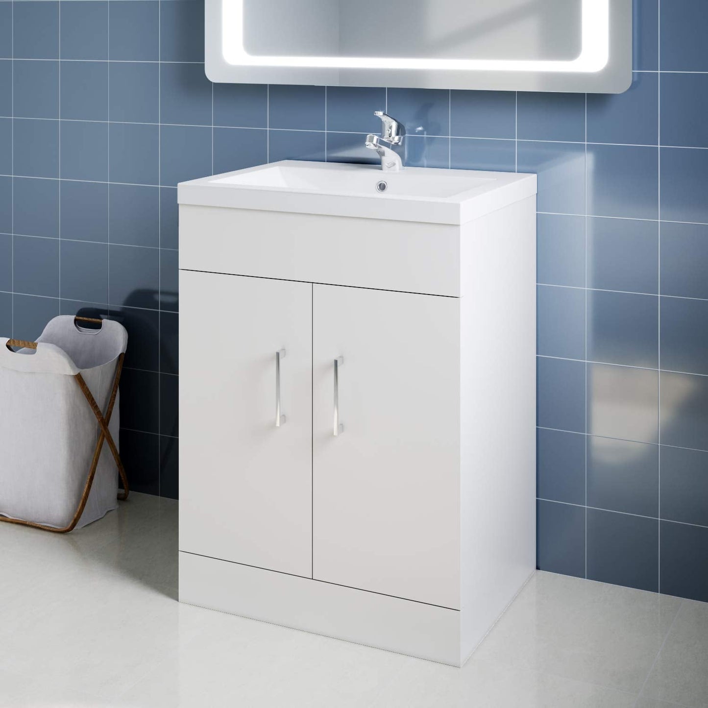 ELEGANT Premium Vanity Sink Unit with Vitreous Basin, Floor Standing Vantiy Cabinet with Sink, White Matte Painted Bathroom Vanity Storage with 2
