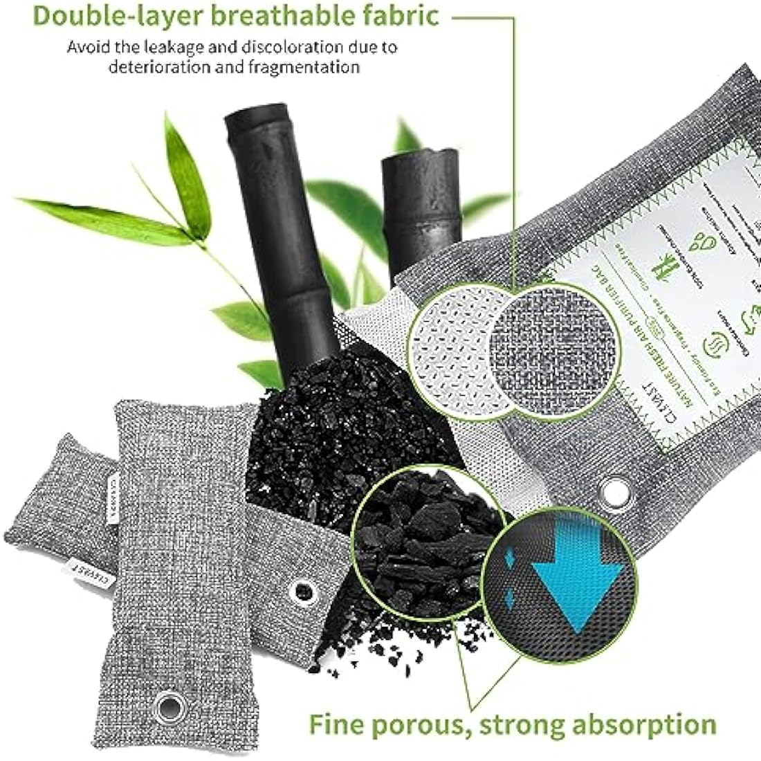 CLEVAST Bamboo Charcoal Air Purifying Bags (50g*12+200g*2),Natural Odour Eliminator, Activated Charcoal Odour Absorber, Air Fresheners for Room, Closet, Shoe, Car Air freshener