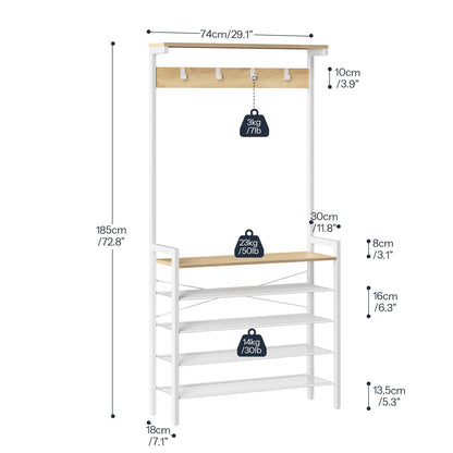 HOOBRO Coat Stand, Coat Rack with Shoe Storage, Industrial Hall Tree, Large Hall Stand, 5 Removable Hooks, Wood Accent Top Shelf